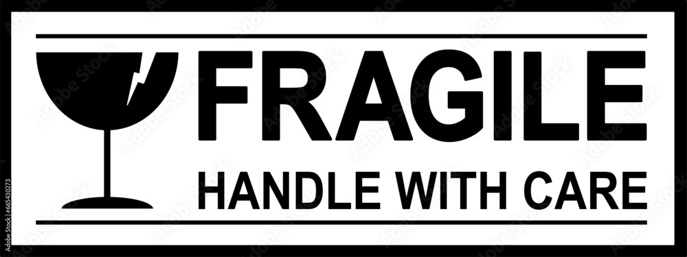 Wall mural sticker fragile handle with care, black and whte fragile warning label with broken glass symbol