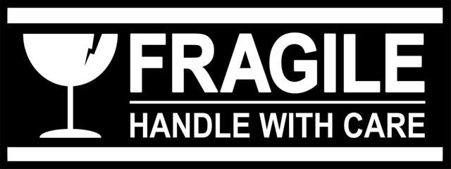 sticker fragile handle with care, black and white fragile warning label, fragile label with broken glass symbol, vector asset - obrazy, fototapety, plakaty