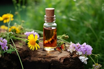 Glass Bottle of herbal essential extract, butterfly, and wildflowers on a tree stump.