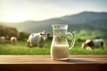 Glass pitcher with fresh milk on a wooden table. - obrazy, fototapety, plakaty