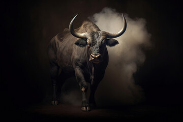 Black bull running in the clouds of dust, stunning illustration, dark background