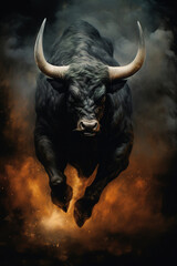 Naklejka premium Black bull running in the clouds of dust, stunning illustration, dark background