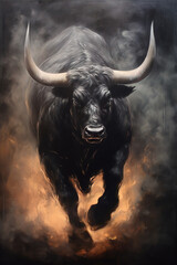 Naklejka premium Black bull running in the clouds of dust, stunning illustration, dark background