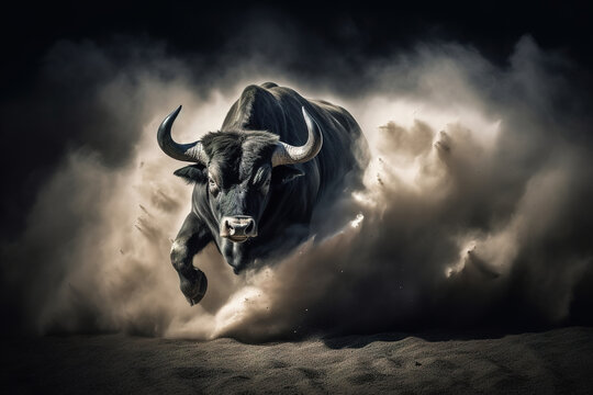 Corrida. Black bull running in the clouds of dust, stunning illustration, dark background
