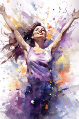 Happy woman with raised hands, beautiful colorful watercolor painting