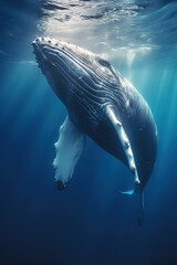 A whale underwater, photorealistic illustration generated by Ai - obrazy, fototapety, plakaty