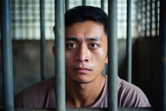 An Asian prisoner in a cell behind bars. Young man in prison. Despair, sadness and loneliness of the person who committed the crime. - Powered by Adobe