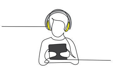  line art of a little boys and girls holding tablet in front of its face. Concept art of excessive usage of tablets and screens in kids. Digital learning art. Online learning and entertainment concept