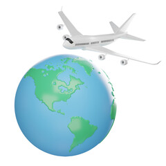 Air travel. Passenger plane and earth. Business flights. on isolated elements on white transparent background Illustration PNG 3D Rendering.