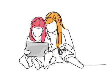 line art of a little girls and boys watching something on tablet. Excessive exposure to blue light. Kids play time concept art. Health risks of early exposure to screen. overuse of smartphones