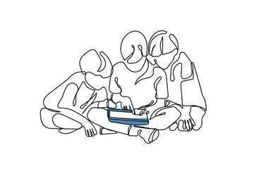 line art of a little girls and boys watching something on tablet. Excessive exposure to blue light. Kids play time concept art. Health risks of early exposure to screen. overuse of smartphones © Rubab