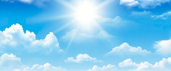 Naklejka na ściany i meble Sunny background, blue sky with white clouds and sun.