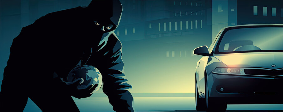 Masked car thief before burglary. Criminal car theft vehicle concept.