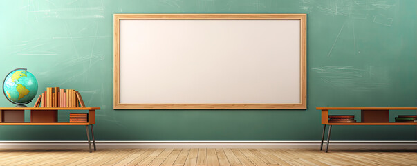 Empty classroom with green chalkboard background.