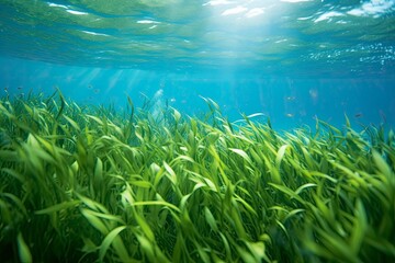 Naklejka na ściany i meble Underwater view of a group of seabed with green seagrass.