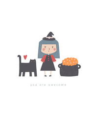 Fairy tale Halloween postcard with cute hand drawn doodle witch, black cat, cauldron. Magical cover, page, template, banner, poster, print with. Mythology enchanted background for kids
