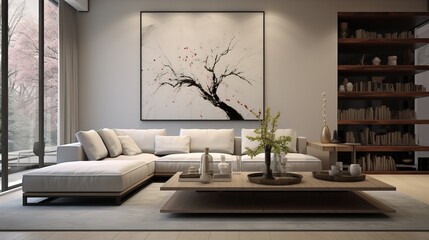 contemporary style living room interior with furniture and fireplace