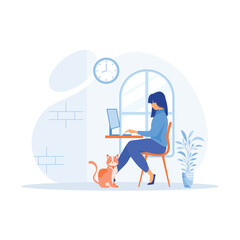 Woman working from home and talking with colleagues online. flat vector modern illustration 