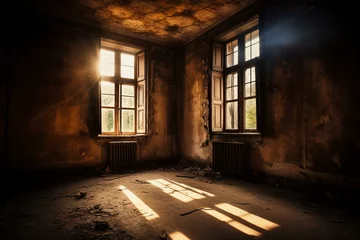Fotobehang An abandoned room with decayed walls and floor, illuminated by sunlight streaming through a window. A gothic atmosphere prevails. Generative AI © Aidenyas