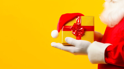Santa Claus holding handful of Christmas presents and smiling, isolated on yellow colored background. Ai generated - obrazy, fototapety, plakaty