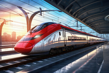 Red and white modern high-speed train on a railway platform. Boarding platform at the railway station. High-speed transport. - obrazy, fototapety, plakaty