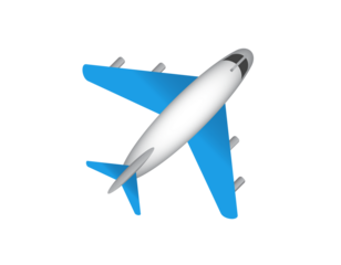 White literal airplane icon with blue wings and engines