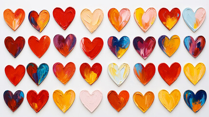 Color hearts set, illustration. Collection of colorful hearts on white background, for design. Concept valentine's day, Love symbol. Painted with oil paints. Oil drawing.