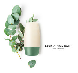 Fresh eucalyptus and cosmetics tube isolated on white background.