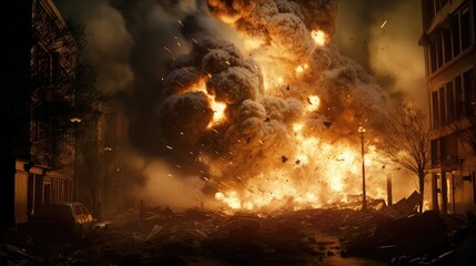 a big explosion in the city, dramatic impact create an atmosphere of chaos and urgency