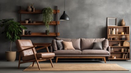 a stylish and cozy living room setting with a sofa and a lounge chair arranged against a soft grey wall