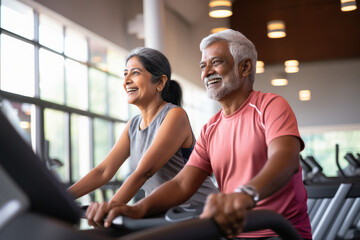 Fototapeta na wymiar Happy elderly couple exercising in the gym
