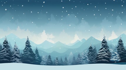 Fototapeta na wymiar minimalist background featuring snow-covered mountains in the distance with a forest of elegant Christmas trees in the foreground