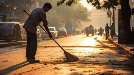 man cleaining road with a broom