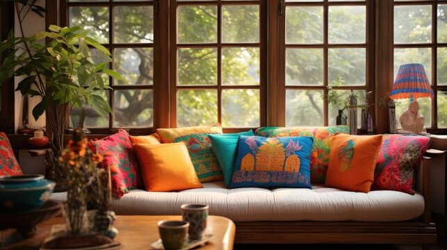 Indian living room, featuring a comfortable sofa adorned with colorful pillows
