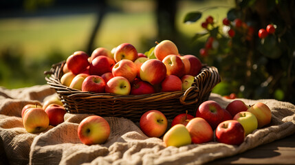 Fall autumn apple harvest in grass basket picnic blanket