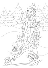 Coloring page. Elves near Santa's sleigh. The festive transport is loaded to the brim with gifts. Children are joyful and happy. Festive illustration in cartoon style.