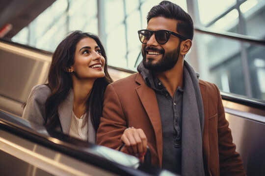 Young Indian couple standing on escalator stairs in mall.