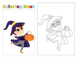 Coloring page. A child in a wizard costume and a hat runs with a candy basket. Halloween character is joyful and happy. Cartoon illustration isolated on white background.