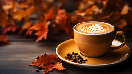 A cup of pumpkin chai latte orange background and autumn leaves with copy space
