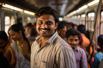 Indian man standing in local train - obrazy, fototapety, plakaty