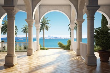 Luxurious Mediterranean villa with stunning architecture, overlooking the beautiful beach on a summer day. Generative AI