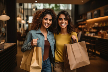two young female friends in shopping mall with shopping bags - obrazy, fototapety, plakaty