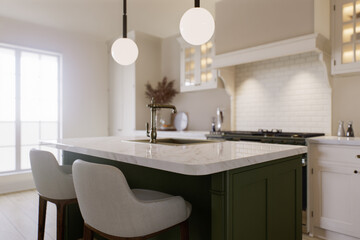 Kitchen with marble countertops and blurred kitchen background to display products on the surface.