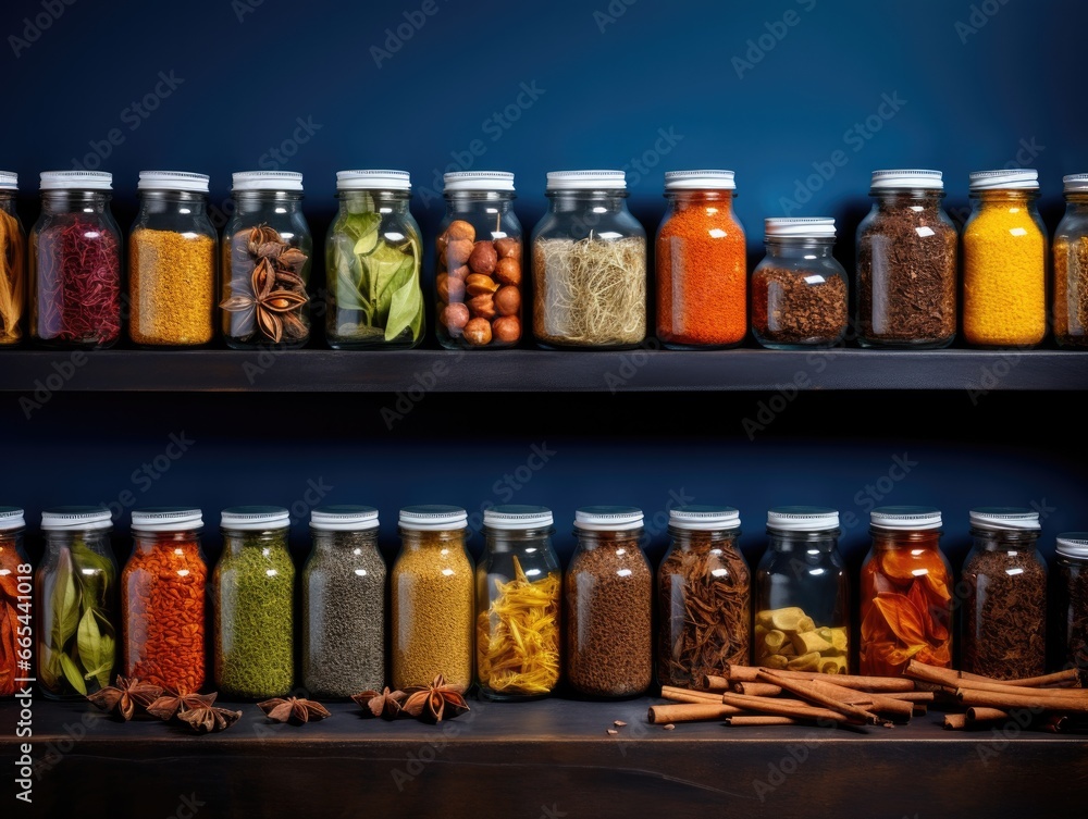 Poster a shelf filled with lots of different types of spices. generative ai.