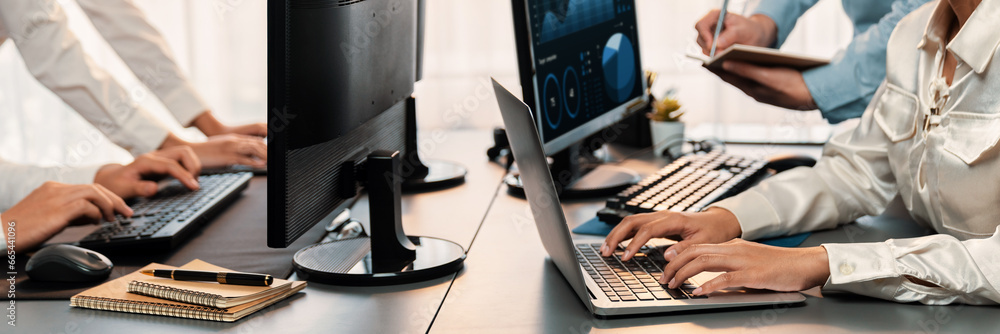 Poster analyst working on data analysis or bi dashboard on computer monitor. business team analyzing financ