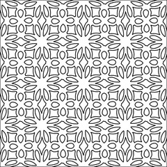 Black lines on white background.
Wallpaper with figures from lines. Abstract geometric black and white pattern for web page, textures, card, poster, fabric, textile. Monochrome repeating design. 
