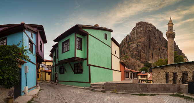 Historic Afyonkarahisar streets, Karahisar castle, Historic Afyon houses and Grand Mosque (Turkish; Ulu cami ) Turkey travel destinations