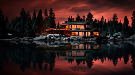 Obraz premium Riverside House During Winter Holidays