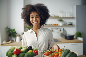 Young african american woman with plates of healthy food vegetables