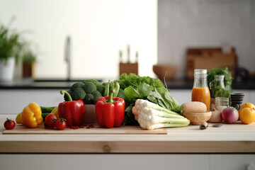 Vegetables lie on the table in the kitchen. Healthy eating - obrazy, fototapety, plakaty